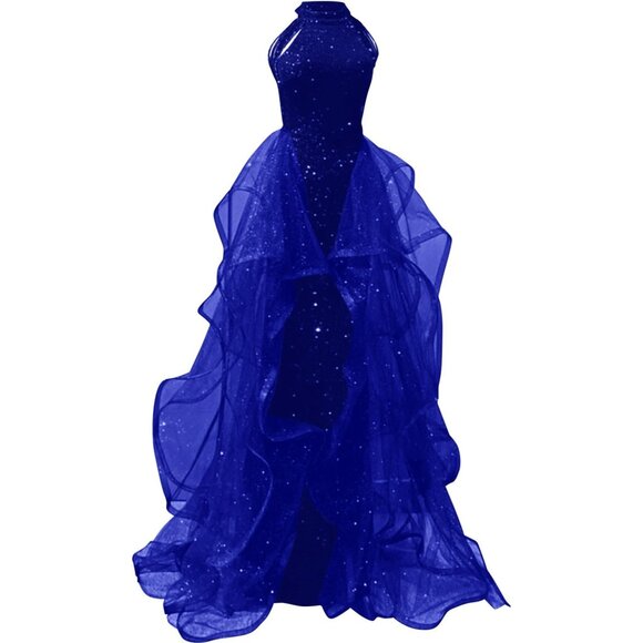 Zeeyecie Sequin High Neck Royal Blue Prom Dress Sparkly Tulle Ball Gown 8 - Picture 1 of 6
